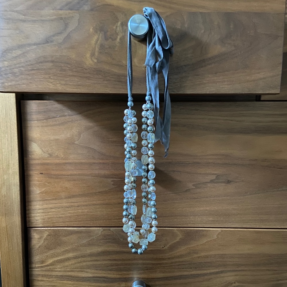 Faux Pearl and Bead triple strand necklace with fabric tie
